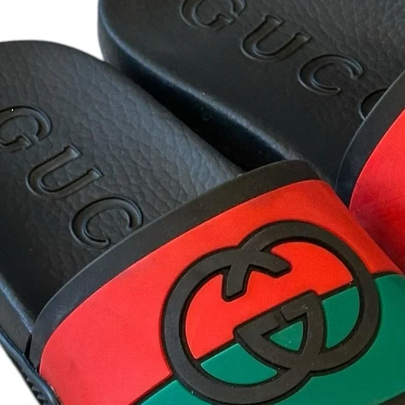 Gucci Signature Classic Stripe Rubber GG Logo Interlock Slides Sandals NWT 40
